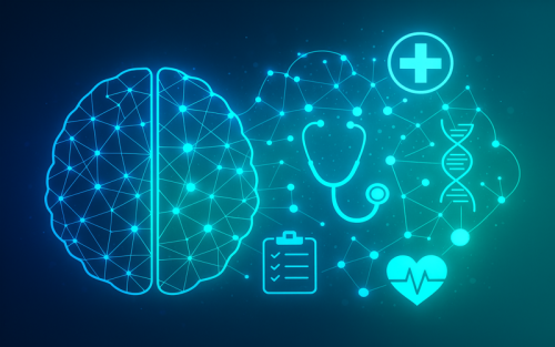 تصویری مفهومی از هوش مصنوعی در پزشکی که ترکیبی از نمادهای رباتیک و قلب در یک محیط روشن و هندسی را نشان می‌دهد و با زمینه رنگ‌های آرام و الهام‌بخش، نمایشی از آینده پزشکی را تداعی می‌کند.